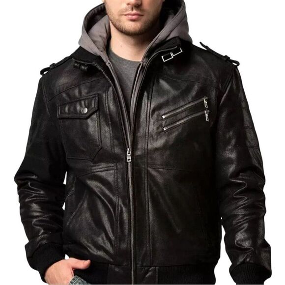 Flavor Mens Layered Pig Leather Hoodie Biker Moto  Jacket M Black Gray Removable - Picture 2 of 16
